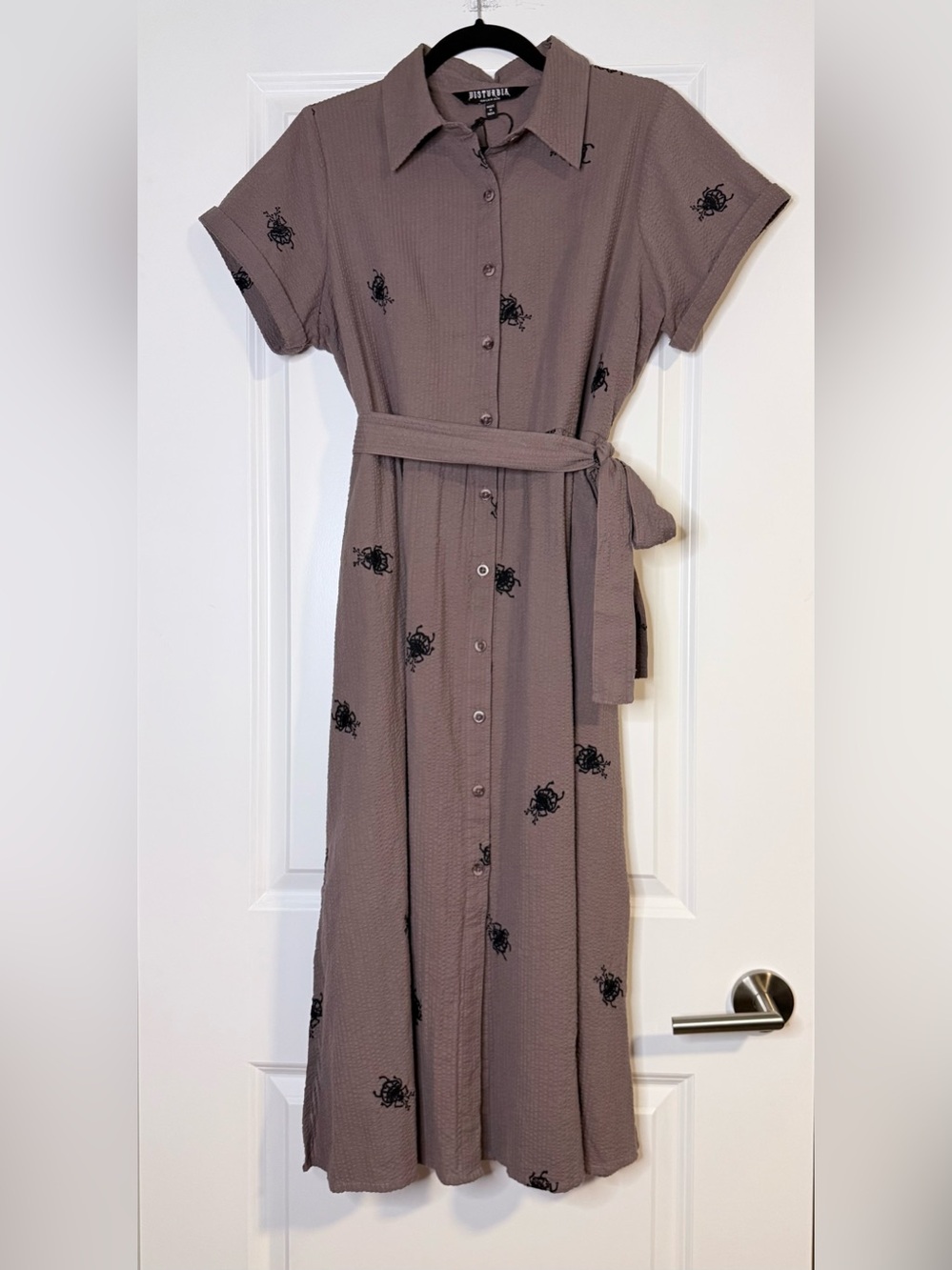 NWT Disturbia Stag Beetle Embroidered Taupe Button Midi Shirt Dress Goth US10 - Picture 6 of 10